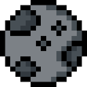 A gray pixelated moon with a dark geometric pattern on a black background.