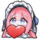 A cute anime-style maid with pink hair holding a large red heart with a loving expression.
