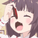 Chocola from Nekopara happily eating a piece of chocolate with an open mouth.
