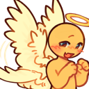 Angel character with a halo and wings making a mischievous face with a bright pink blush.