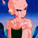 Kid Buu making an L shape with his fingers in a pixel art style.