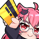 Anime girl with pink hair and glasses holding up a yellow credit card with a smug expression.