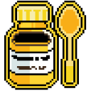 Cough syrup bottle with a spoon next to it in a yellow pixel art style.