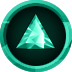A glowing cyan triangle crystal set against a dark circular background.