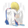 Kurapika sitting on the floor with his head tucked into his knees in a sad pose.
