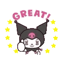 Kuromi gives a thumbs up with the word GREAT in pink text above her surrounded by yellow sparkles.