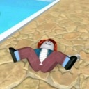 Roblox character lying flat on their back on a stone patio next to a pool.