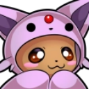 Eevee wearing a pink Espeon hood with a red gem, smiling with a happy expression.