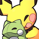 Pichu happily hugging a small Bulbasaur.