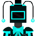 A pixel art robot with a glowing blue screen displaying a spinning loading icon.