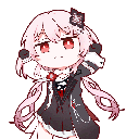 Chibi girl with pink hair and red eyes performing a rhythmic bouncing dance.