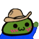 A green blob character with a cute face wearing a cowboy hat and waving.