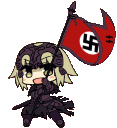 A chibi anime girl with blonde hair and dark armor waving a red flag with a swastika symbol.