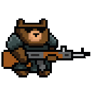 A brown bear wearing sunglasses and tactical armor holds a rifle in a pixel art style.