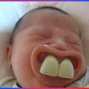 A baby with eyes closed wearing a large pacifier that makes them appear to have giant buck teeth.