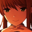 Monika from Doki Doki Literature Club looking directly forward with a smug, knowing expression.