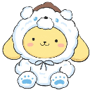 Pompompurin wearing a fluffy white bear onesie with a happy expression.