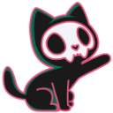 A black cat with a white skull face reaching out with one paw.