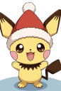 Pichu wearing a red Santa hat with a joyful expression and arms raised.