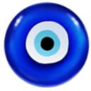 Evil eye amulet featuring a blue, white, and black circular design.