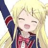Anime girl with blonde hair and a school uniform smiling brightly while waving.