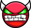 Hard Demon face from Geometry Dash with glowing green eyes and a gritted, angry expression.