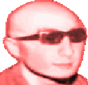 A bald man wearing sunglasses rapidly changing colors from red to pink to purple to cyan.