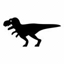 T-Rex dinosaur in a solid black silhouette against a diagonal striped background.
