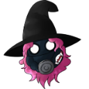 Witch wearing a gas mask and a black hat with bright pink hair.