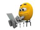 A yellow 3D character typing intensely on a laptop.