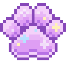 Purple pixel art paw print with sparkling highlights.