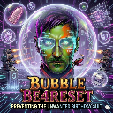 A green-faced human with glowing cybernetic eyes trapped inside a glowing purple bubble.