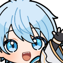 Chibi anime boy with blue hair waving his hand enthusiastically with a wide happy smile.