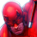 Daredevil wearing his signature red mask and suit with a focused, intense expression.