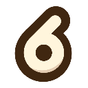 A stylized number six with a rounded, cream-colored center and a thick brown border.