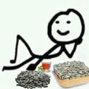 A stick figure lounging comfortably next to a pile of sunflower seeds and a glass of tea.