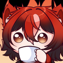 A red-haired anime character with animal ears calmly holding a white teacup against a backdrop of fire.
