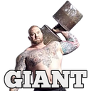 Hafthor Bjornsson flexing his muscles while holding a heavy weight with the word Giant written underneath.