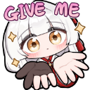 Anime girl with white hair and sparkling eyes reaching out with both hands with the text GIVE ME above her.
