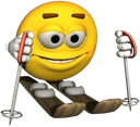 A yellow 3D smiley face wearing skis and holding ski poles with a smug expression.