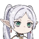 Frieren with white hair and pointed ears looking forward with a bored, deadpan expression.