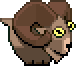 A brown pixelated goat repeatedly chewing with yellow eyes.