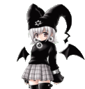 Gothic anime girl with white hair, a black hat, and bat wings standing in various poses.