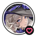 Anime witch with a smug expression and a pink heart icon in the corner.