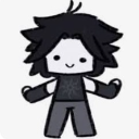 A small, blocky character with spiky black hair and a simple smiling face standing with arms out.