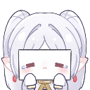 An anime elf with white hair and red earrings crying behind a white sign.