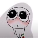 A white creature with heart-shaped pupils and blushing cheeks holding a small red rose.