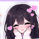 Anime girl with dark hair blushing and holding her cheeks with pink hearts floating around her.