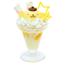 Pompompurin character sitting inside a glass sundae cup filled with whipped cream and toppings.