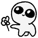 Autism creature holding a small flower with a happy, wide-eyed expression.